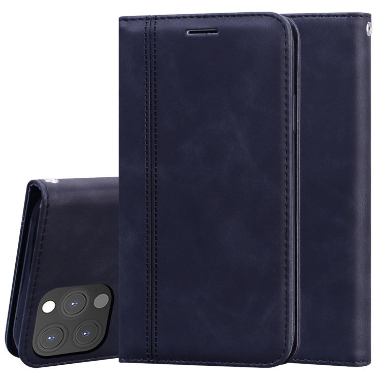 Dark blue PU leather horizontal flip phone case with magnetic closure and rear camera cutout