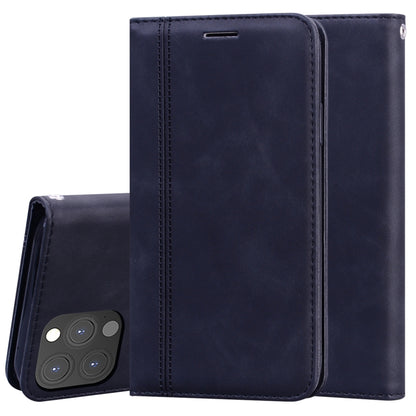 Dark blue PU leather horizontal flip phone case with magnetic closure and rear camera cutout