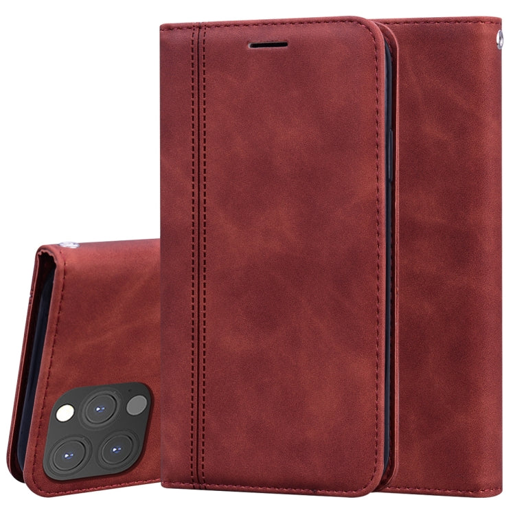 Dark brown PU leather flip phone case with vertical stitched panel and camera cutout