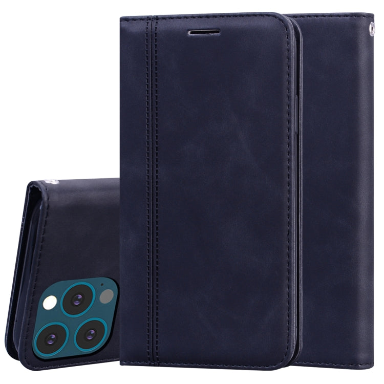 Dark blue PU leather horizontal flip phone case with magnetic closure and rear camera cutout