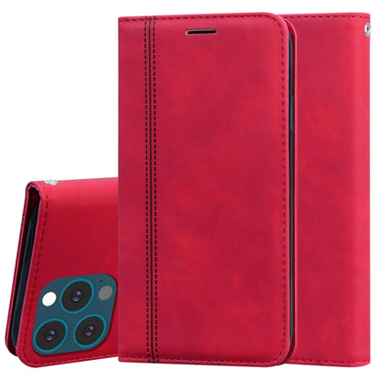 Red PU leather horizontal flip phone case with magnetic closure and side camera cutout