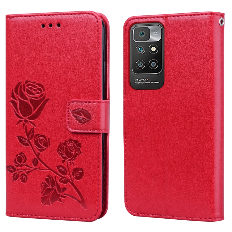 Red PU flip wallet phone case with rose embossed design and card holder flap