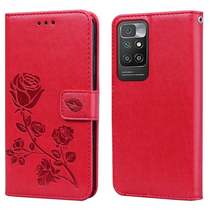 Red PU flip wallet phone case with rose embossed design and card holder flap