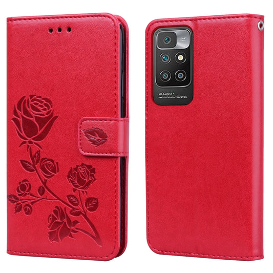 Red PU flip wallet phone case with rose embossed design and card holder flap