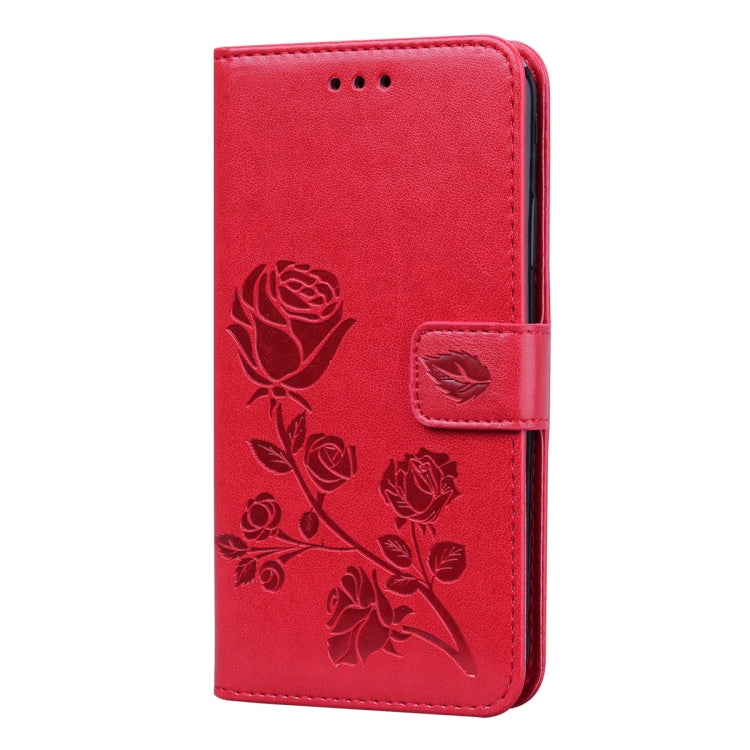 Red rose-embossed flip wallet phone case with side strap and card holder flap