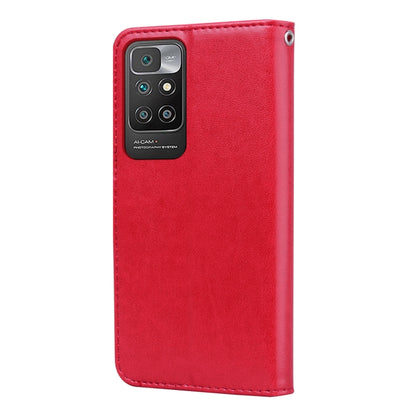Red PU flip phone case with camera cutout and metal button on back