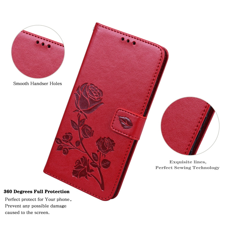 Red flip wallet phone case with rose embossing, holder flap, and speaker holes