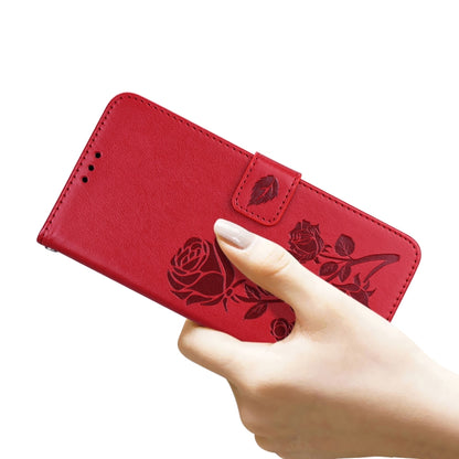 Red flip wallet phone case with rose embossed pattern and hand-held folio cover