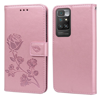 Pink PU flip wallet phone case with rose embossed design and card holder flap