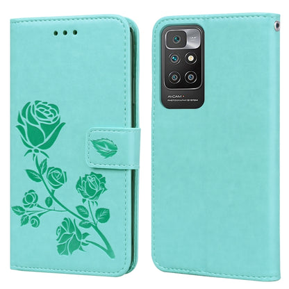 Rose-embossed PU leather flip phone wallet case with card slots, mint teal