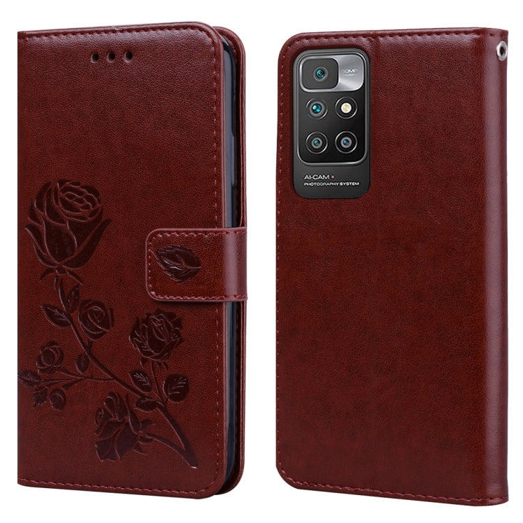 Rose-embossed PU leather flip phone wallet case with card slots, dark brown