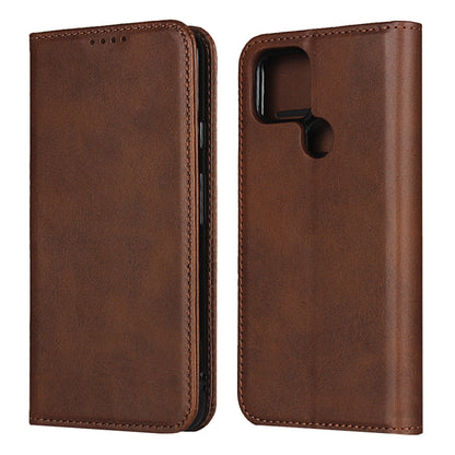 Brown leather magnetic flip phone case with front cutout and stitched edges.