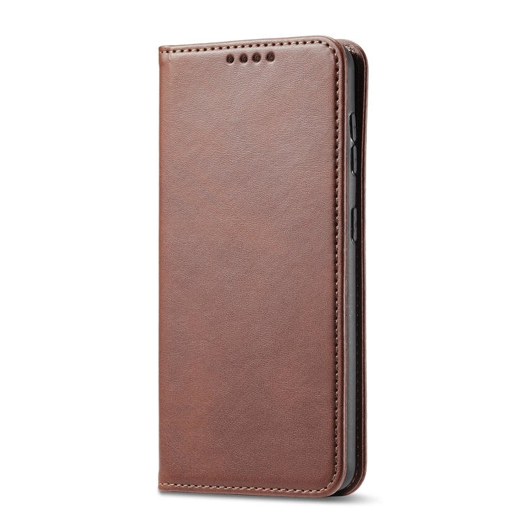 Brown leather flip phone case with textured finish and stitched border.