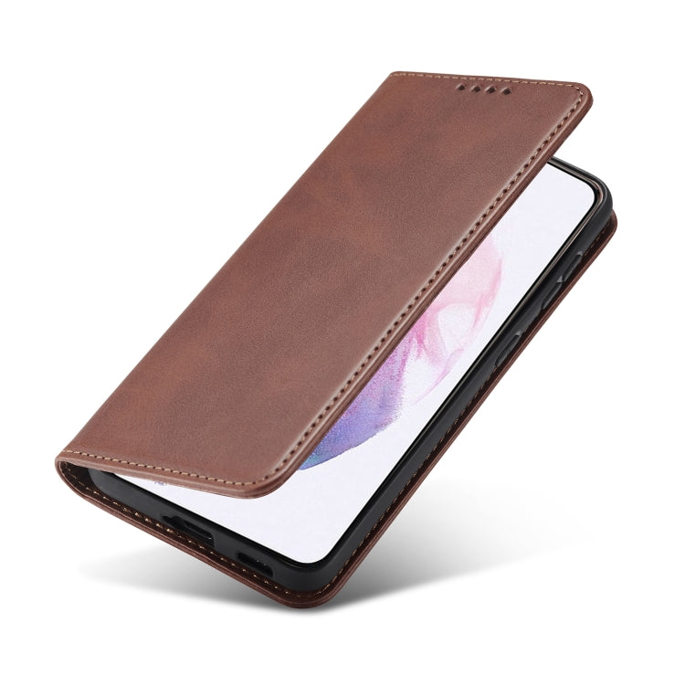Brown leather magnetic flip phone case with cover closed over screen.