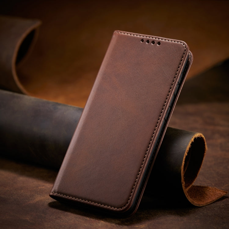 Brown leather magnetic flip phone case with side phone cutout and stitching.