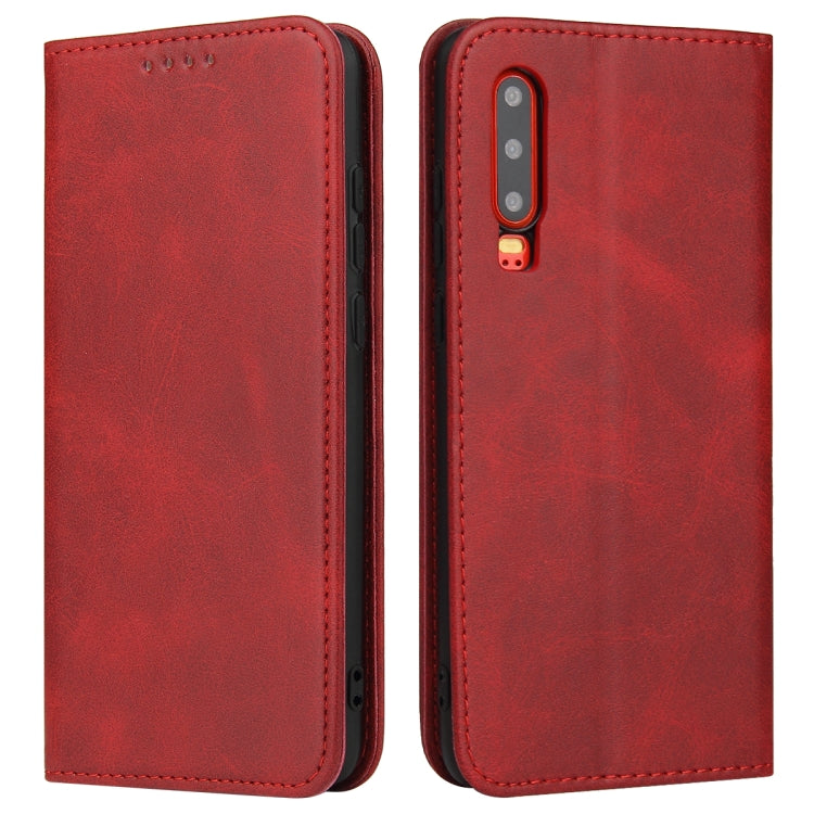 Red leather folio flip case with stitched edges and camera cutout; card slots visible