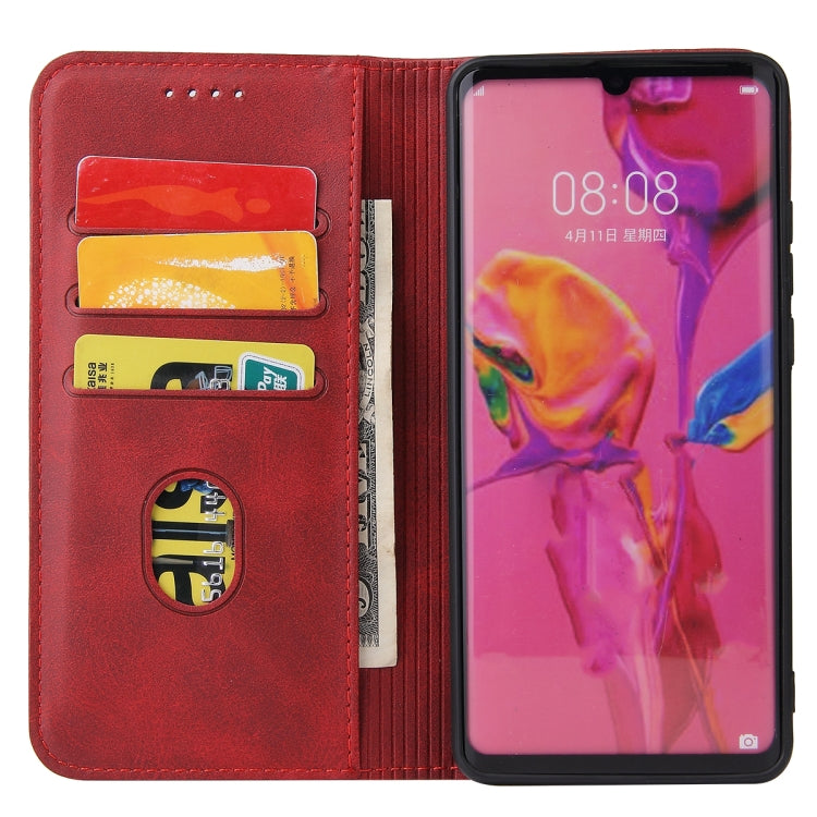 Red leather wallet-style flip case open, showing card slots and phone holder
