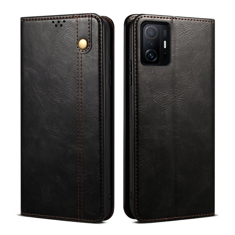 Black leather flip phone wallet case, front and back with camera cutout