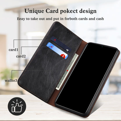Black leather flip phone wallet case with card pocket for two cards and cash