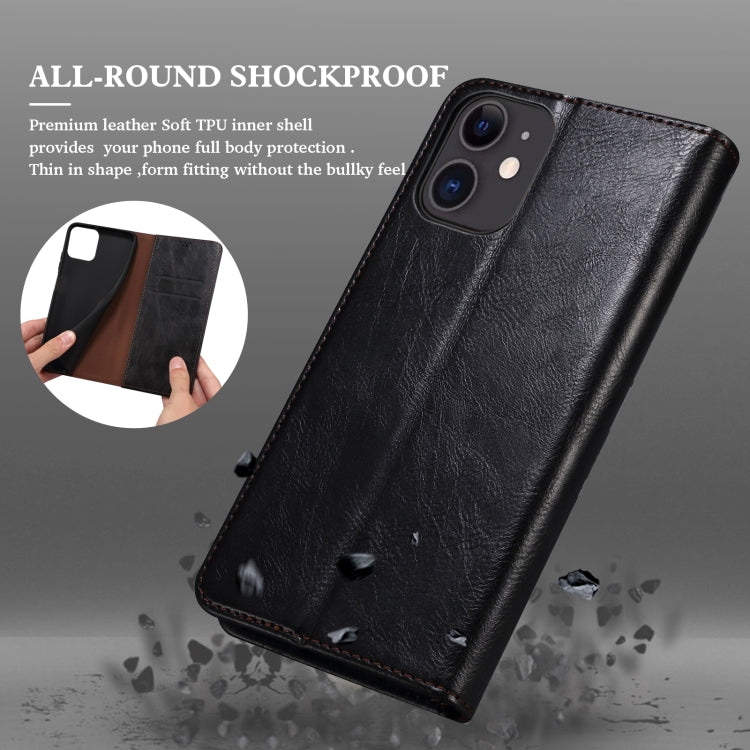 Black leather flip phone wallet case with textured finish and stitched edges