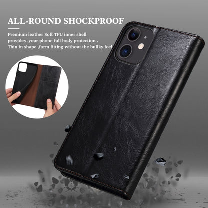 Black leather flip phone wallet case with textured finish and stitched edges