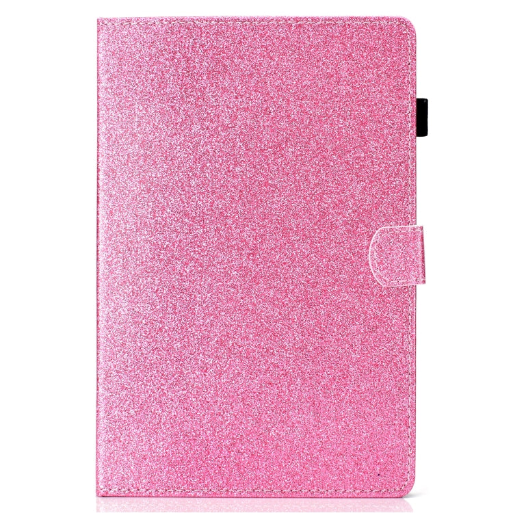Pink glitter tablet flip cover, front view with side button cutout