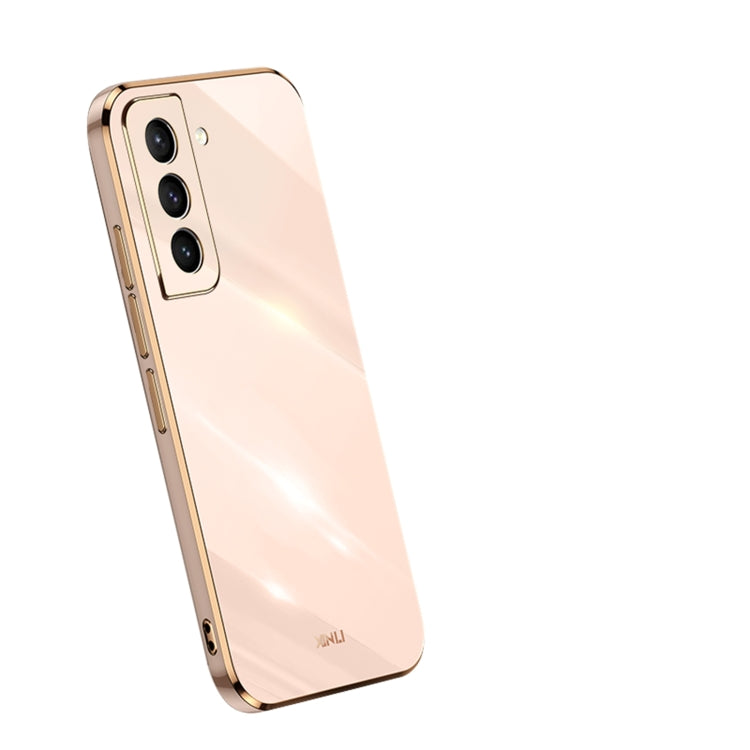 Light pink electroplate TPU phone case with gold trim and triple camera cutouts
