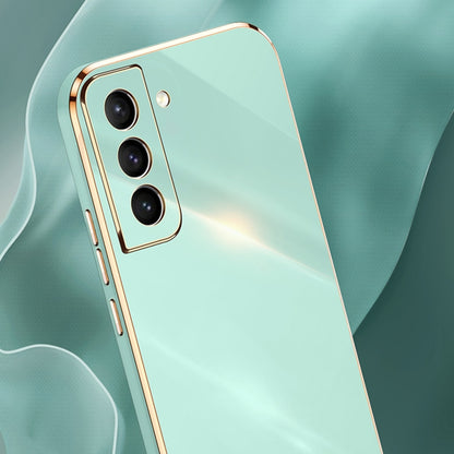 Mint green electroplate TPU phone case with gold trim and triple camera cutouts