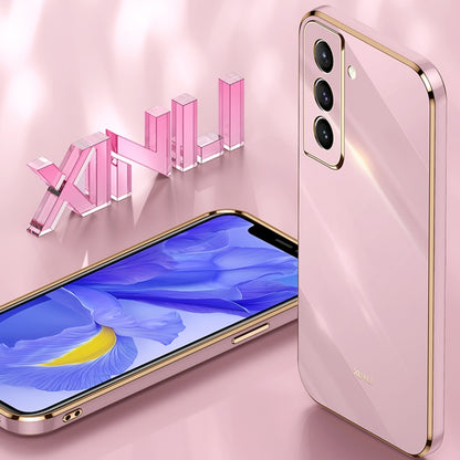 Pink electroplate TPU phone case with gold trim and triple camera cutouts
