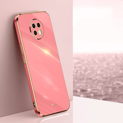 Pink TPU phone case with gold electroplated straight-edge border and triple camera cutout