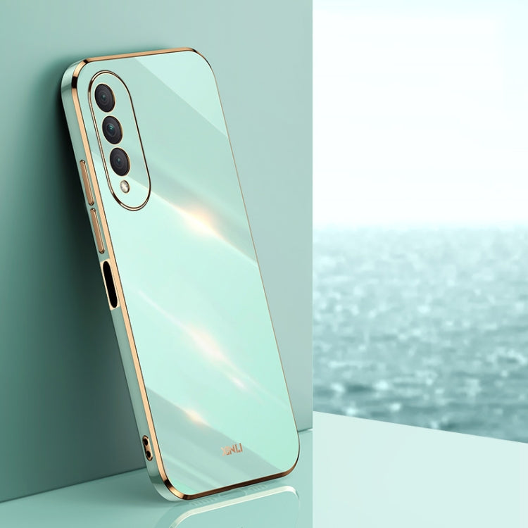Mint green TPU phone case with gold electroplated straight-edge border and camera cutout