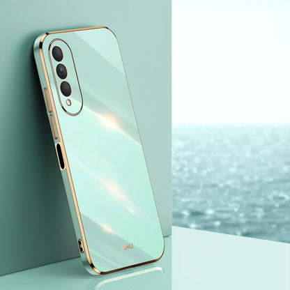 Mint green TPU phone case with gold electroplated straight-edge border and camera cutout