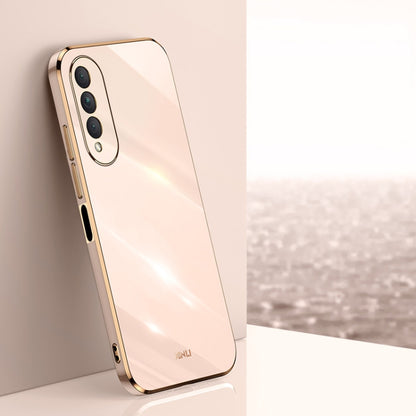 Beige TPU phone case with gold electroplated straight-edge border and oval camera cutout