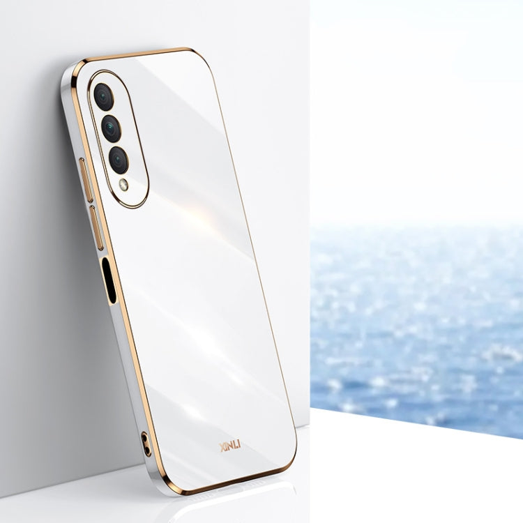 White TPU phone case with gold electroplated straight-edge border and dual-camera cutout