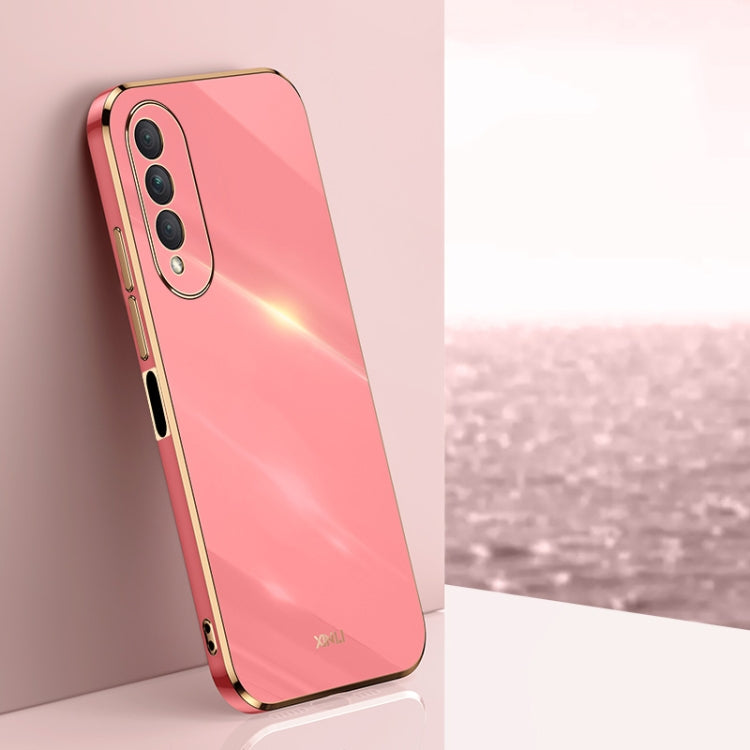 Coral pink TPU phone case with gold electroplated straight-edge border and camera cutout