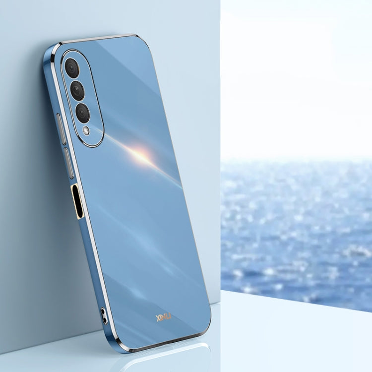 Blue TPU phone case with gold electroplated straight-edge border and camera cutout
