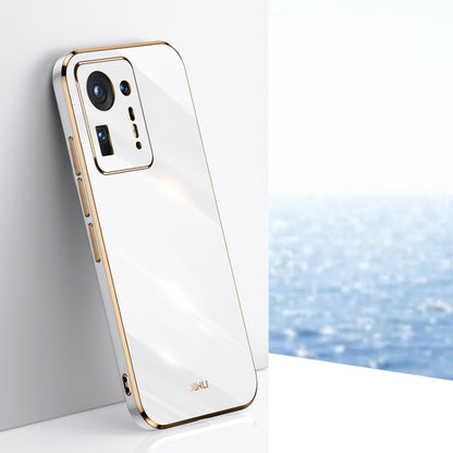 White electroplated TPU phone case with gold trim, raised camera cutouts and side port openings