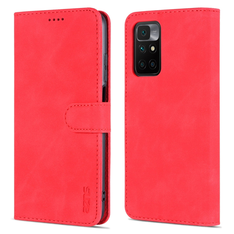 Red horizontal flip leather phone case with card slot and holder for Redmi 10