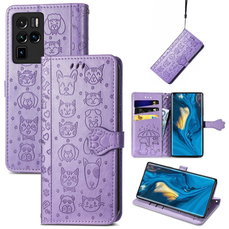 Purple embossed cat-and-dog flip leather phone case with card slots and clasp