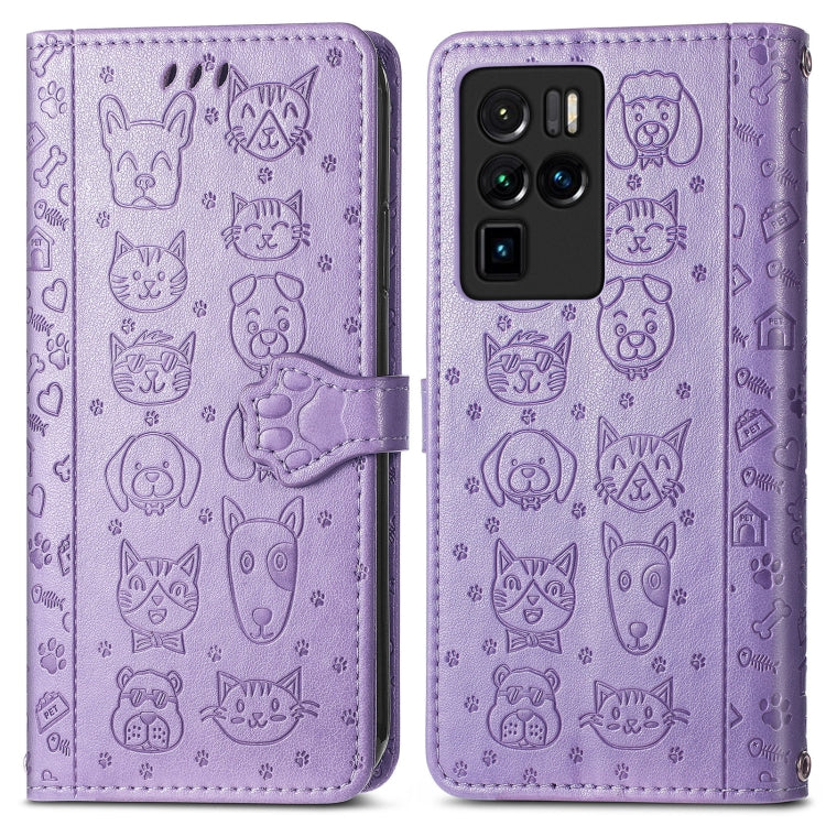 Purple embossed animal-pattern flip leather phone case, front and back, with clasp