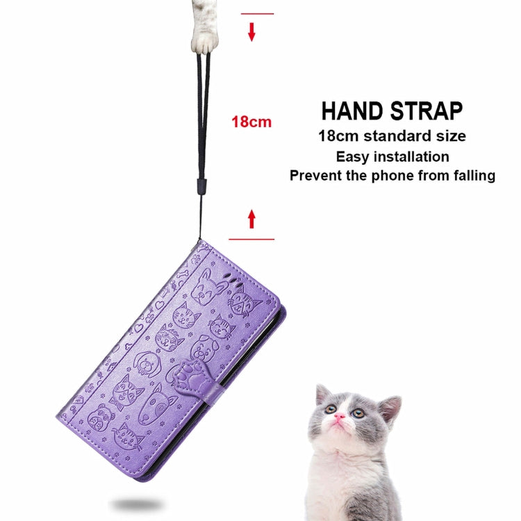 Purple embossed leather phone case with lanyard hand strap and card-slot pocket