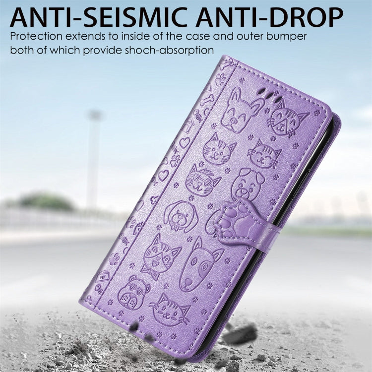 Purple embossed flip leather phone case with clasp, angled view of the wallet front