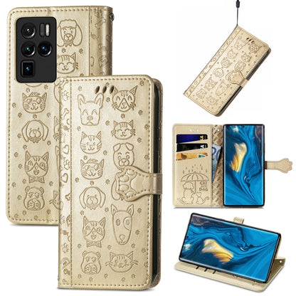 Gold embossed cat-and-dog flip leather phone case with card slots and side strap