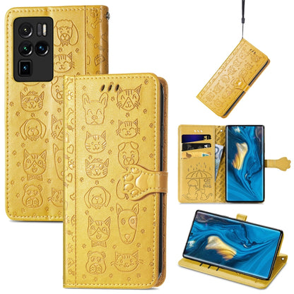 Yellow embossed cat-and-dog flip leather phone case with card slots and clasp