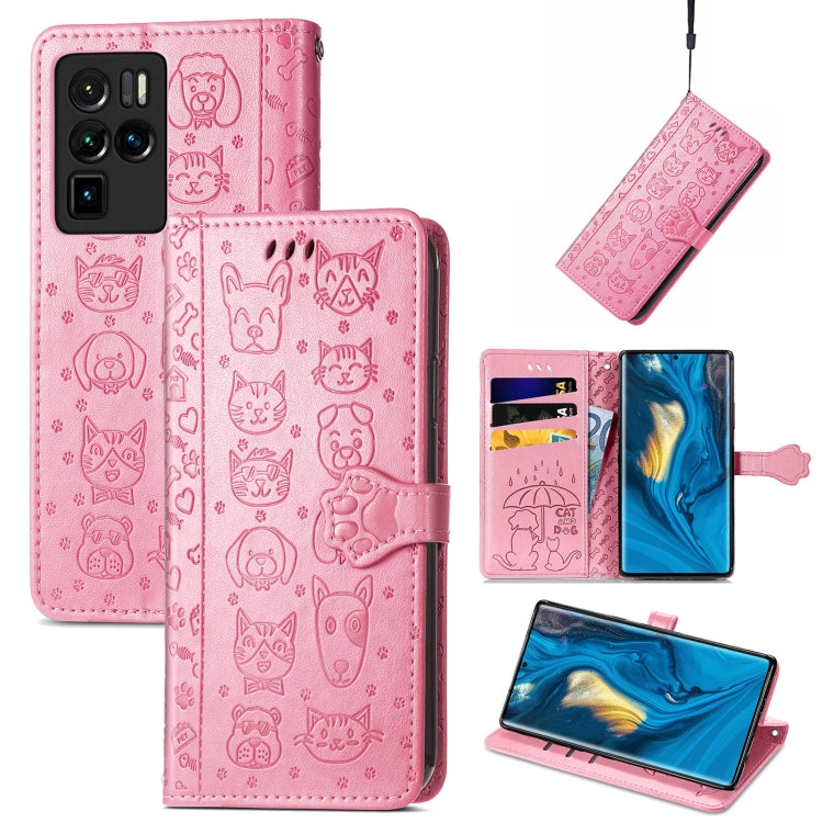 Pink embossed cat-and-dog flip leather phone case with card slots and lanyard strap
