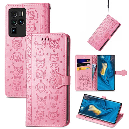Pink embossed cat-and-dog flip leather phone case with card slots and lanyard strap