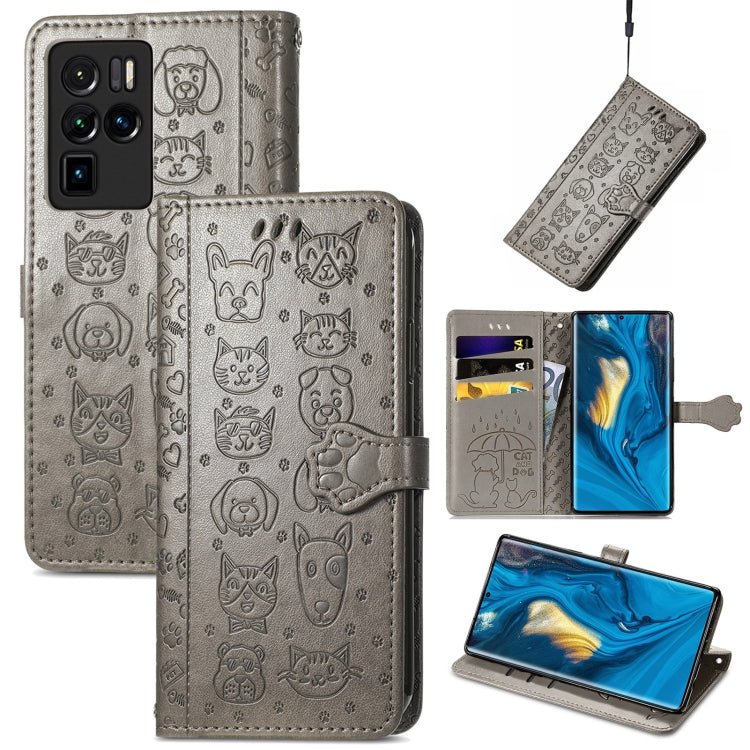 Grey cat-and-dog embossed leather flip phone case with card slots and lanyard