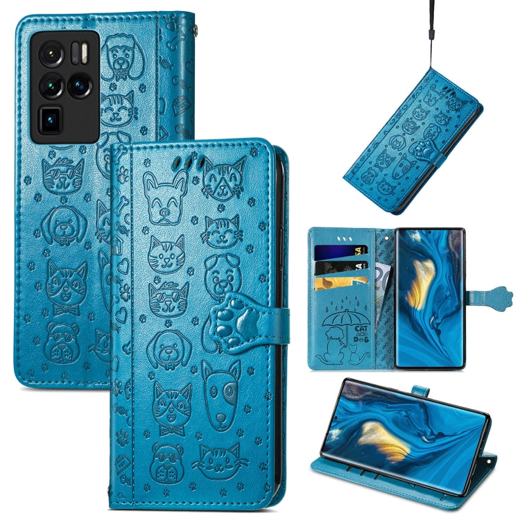 Blue cat-and-dog embossed leather flip phone case with card slots and lanyard