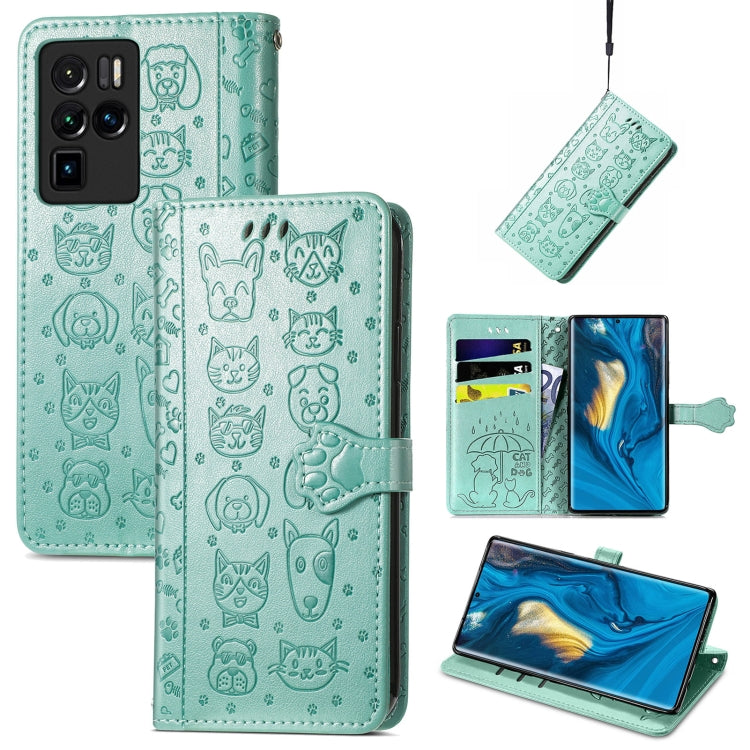 Teal cat-and-dog embossed leather flip phone case with card slots and lanyard