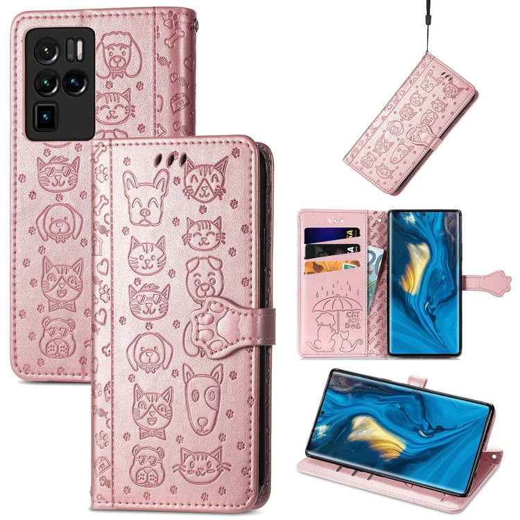 Pink cat-and-dog embossed leather flip phone case with card slots and lanyard